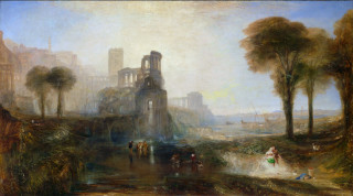 Castle forest people river bridge - classical painting free wallpaper