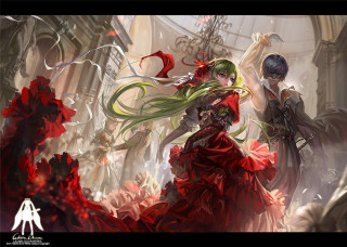 Woman red dress man sword - art station free wallpaper