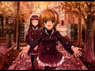 Anime girls street trees building - the background and a building in the background free wallpaper