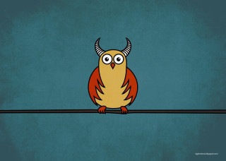 Cartoon horned bird sitting wire - extreme illustration free wallpaper