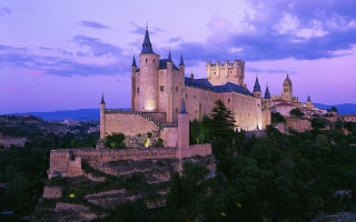 Castle clock tower dusk purple - romanesque free wallpaper