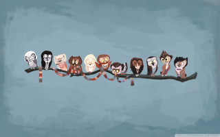 Owls branch ribbon eyes group - brom free wallpaper