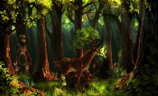 Deer bear forest trees mushrooms - forest free wallpaper