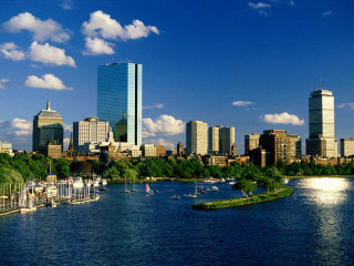 City skyline lake boats blue - everett warner free wallpaper