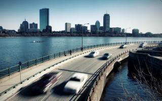 City skyline bridge river cars - car free wallpaper
