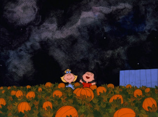 Cartoon boy girl pumpkin patch - naive free wallpaper