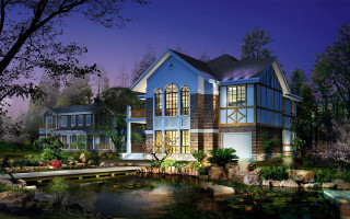 Large blue house pond nighttime - an zhengwen free wallpaper