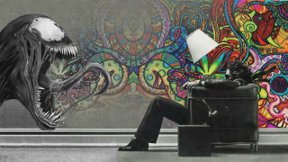 Man chair wall painting alien - a surrealist painting free wallpaper