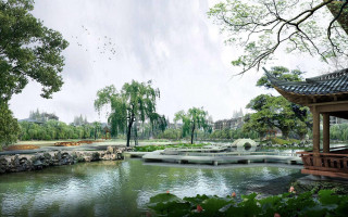 Pond pavilion bridge trees building - a building in the background free wallpaper