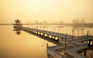 Pier pagoda lake city sunset - a pier free wallpaper
