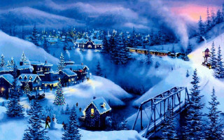 Snowy village train bridge painting 2 - kinkade free wallpaper
