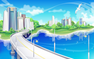 Cartoon city bridge bird flying - chiho aoshima free wallpaper
