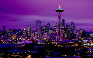 City skyline purple blue sky - everett warner free wallpaper
