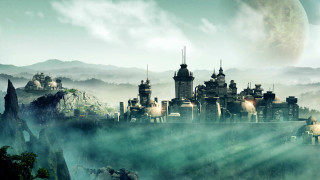 Futuristic city giant moon distant - a futuristic city free wallpaper
