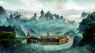Futuristic city mountains fog person - a futuristic city free wallpaper