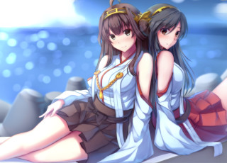 Anime girls sitting rock water - half body free wallpaper