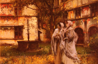 Women courtyard fountain building painting - thomas kindkade free wallpaper