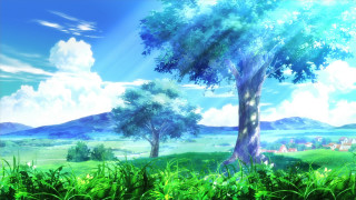 Tree field sky background clouds 6 - a house in the distance free wallpaper