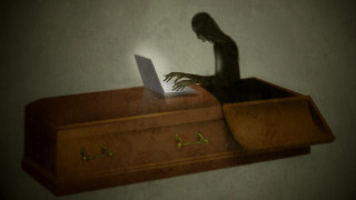 Woman sitting chest drawers laptop - death free wallpaper