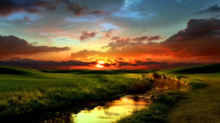 Sunset green field stream clouds - beautiful landscape free wallpaper