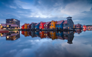Houses water night cloudy sky - cubist free wallpaper