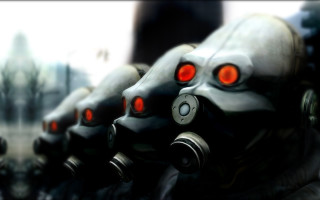 Gas masks red eyes city - dystopian art free wallpaper
