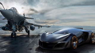 Futuristic car runway fighter jet - the water free wallpaper