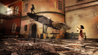Woman painting umbrella building roof - an umbrella in front free wallpaper