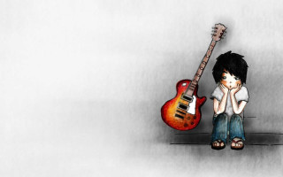 Boy sitting guitar case floor - a guitar in front free wallpaper