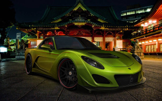 Green sports car night building 2 - concept design free wallpaper