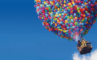 Floating house balloons in the 3 - the air above free wallpaper