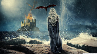 Woman rock castle dragon flying - epic fantasy free wallpaper