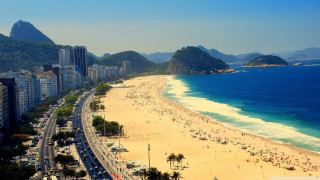 Beach people mountains blue sky - a matte painting free wallpaper for desktop