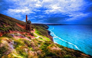 Lighthouse cliff ocean beach blue - impressionist free wallpaper