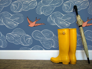 Yellow boots umbrella blue wall - bird free wallpaper