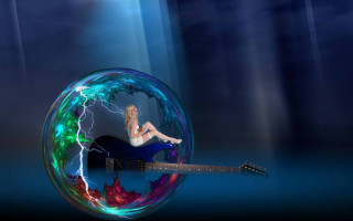 Woman sitting guitar bubble lightning - psychedelic free wallpaper