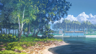 Boat water shoreline trees rocks - a blue boat free wallpaper