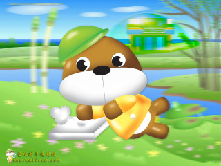 Cartoon bear green hat cheese - a green grass field free wallpaper