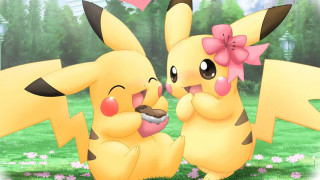 Pikachu grass cake sitting together - its mouth free wallpaper