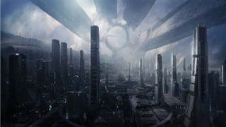 Futuristic city clock tower center - craig mullins free wallpaper
