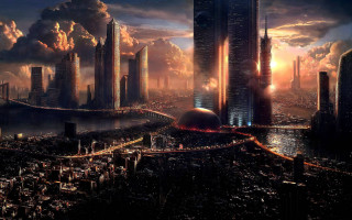 City tall buildings bridge sunset - free sci-fi wallpaper