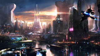 Futuristic city flying machine nightscape - a futuristic city free wallpaper