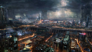 Futuristic city tall buildings night 3 - craig mullins free wallpaper