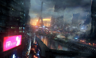 Cityscape river buildings night neon - cedric peyravernay free wallpaper