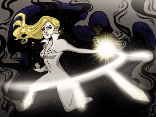 Cartoon woman light saber man - a cartoon of a woman holding free wallpaper