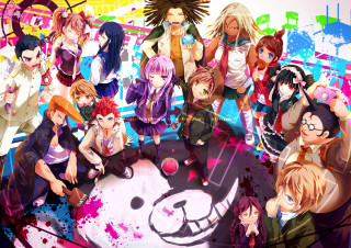 Anime girls colorful paint splatter - different colored hair and makeup free wallpaper