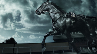 Horse galloping cloudy sky building - a building in the background free wallpaper