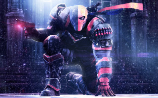Ninja man sword dark room - a building in the background free wallpaper