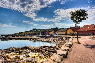 Small town rocky shore water - a tree in the foreground free wallpaper