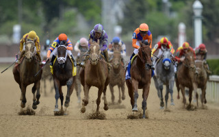 Jockeys horses race track trees - lyrical abstraction free wallpaper